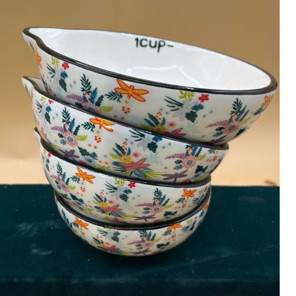 Nesting Ceramic Measuring cup set 4 pc flowers and butterflies Slow Sunday